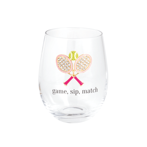 Clear glass with tennis racket design and 'game, sip, match' text on a white background