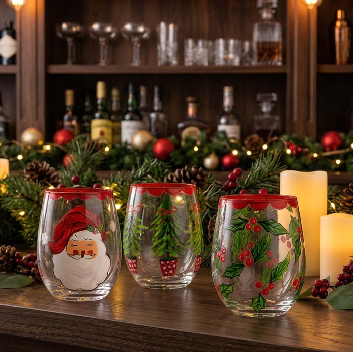 Holly Painted Wine Glass