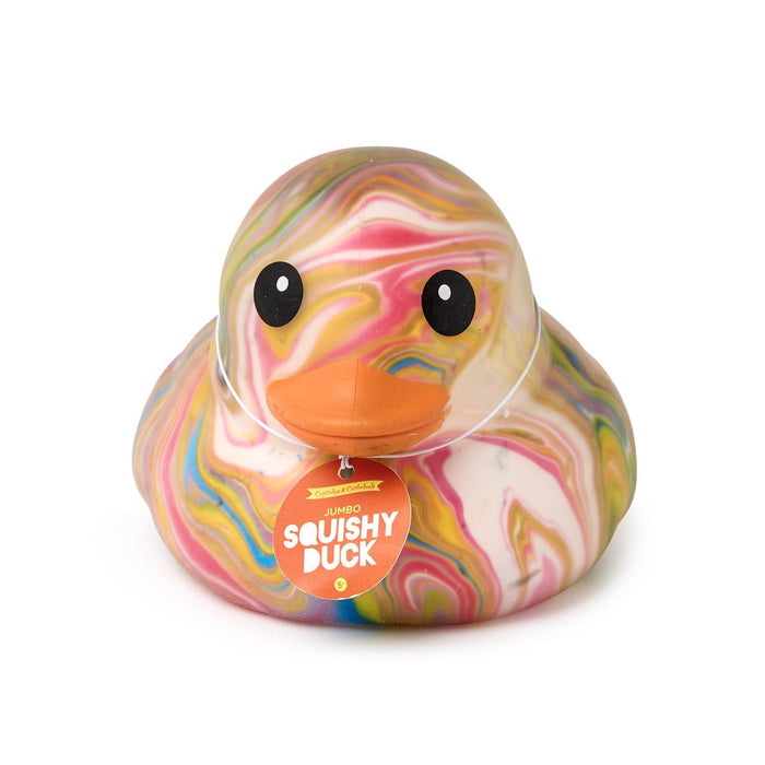 Colorful marbled rubber duck with a 'Squishy Duck' label on a white background
