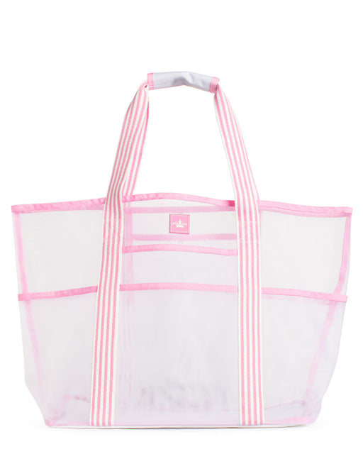 White tote bag with pink accents on a white background