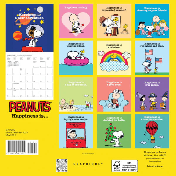 Peanuts-themed calendar with various illustrations and a yellow background