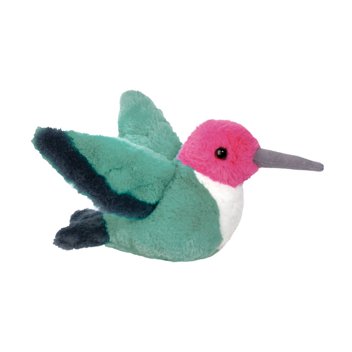 Plush toy hummingbird with green body, pink head, and white chest on a white background