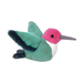 Plush toy hummingbird with green body, pink head, and white chest on a white background