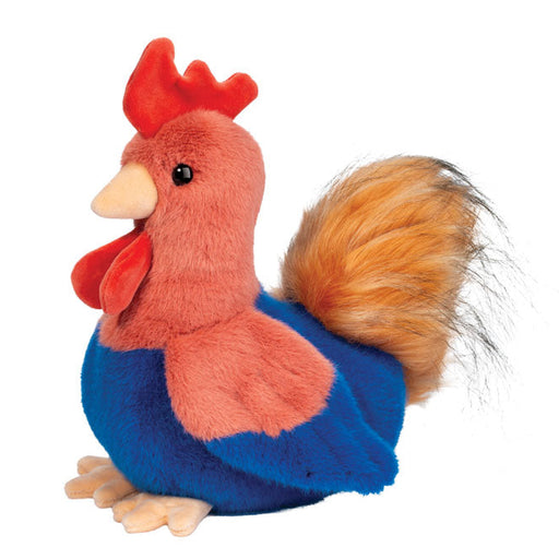 Plush rooster toy with a blue shirt on a white background
