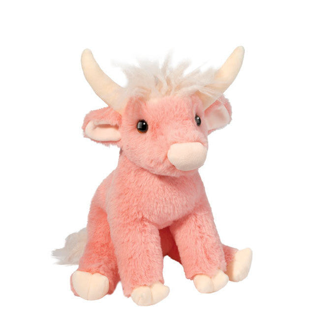 Pink plush toy with white horns on a white background
