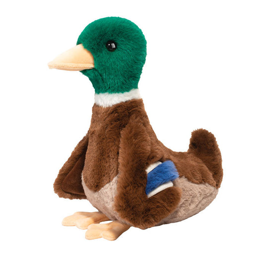 Plush toy duck with green head and brown body on a white background
