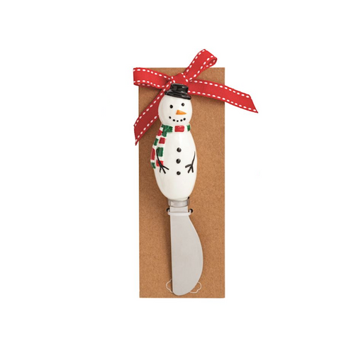 Snowman-shaped butter knife with a red ribbon on a brown card