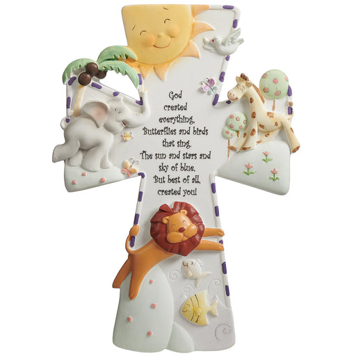 Decorative cross with animals and a quote on a white background