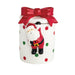 Decorative cookie jar with Santa Claus design and red bow on a white background