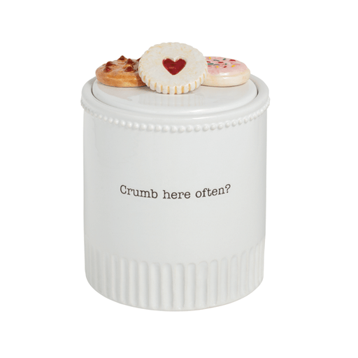 White cookie jar with decorative cookies on a white background