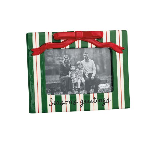 Green and red striped picture frame with a red ribbon and 'Season's greetings' text.