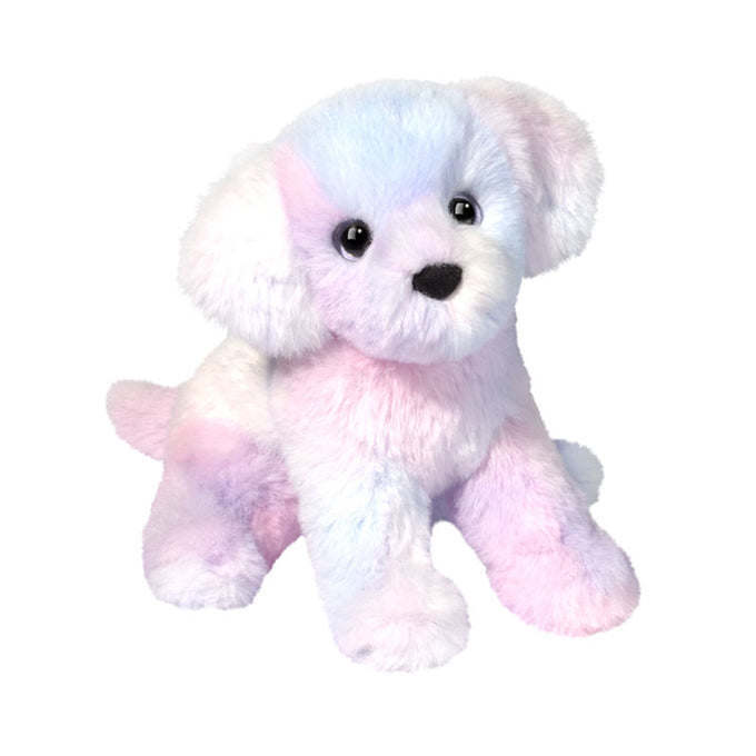 Plush toy dog with pastel gradient fur on a white background