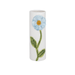White cylindrical vase with a blue flower and green stem on a white background