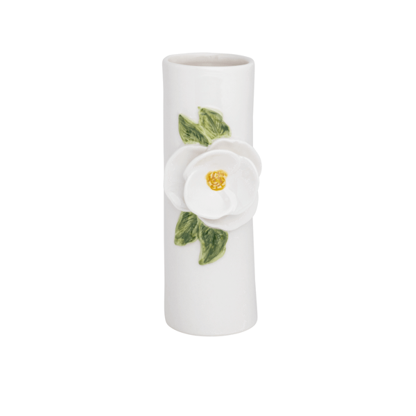 White ceramic vase with floral design on a white background