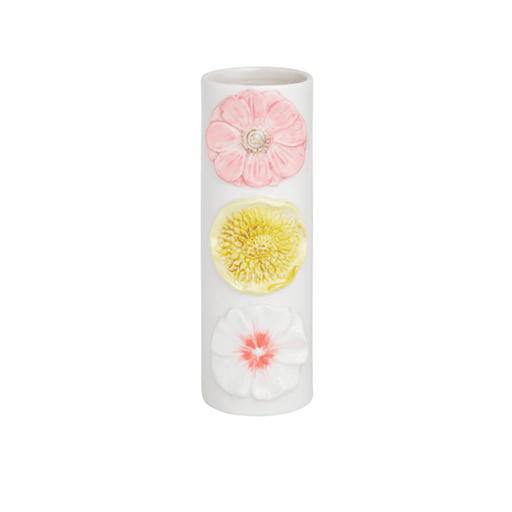 Decorative cylindrical vase with floral designs on a white background