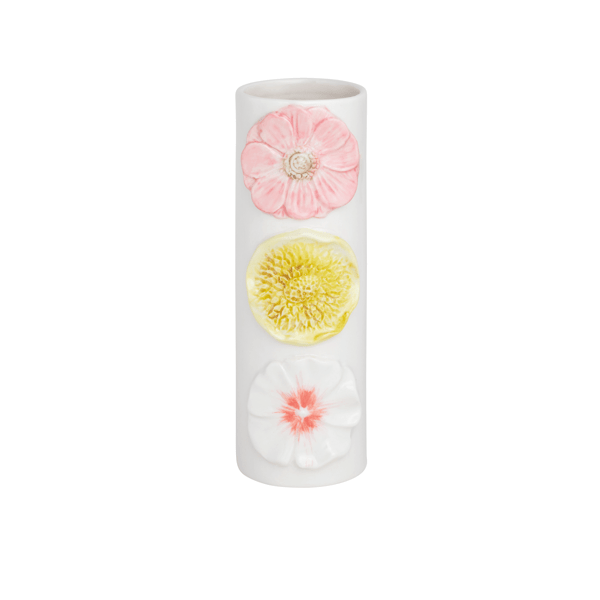 Decorative cylindrical vase with floral designs on a white background