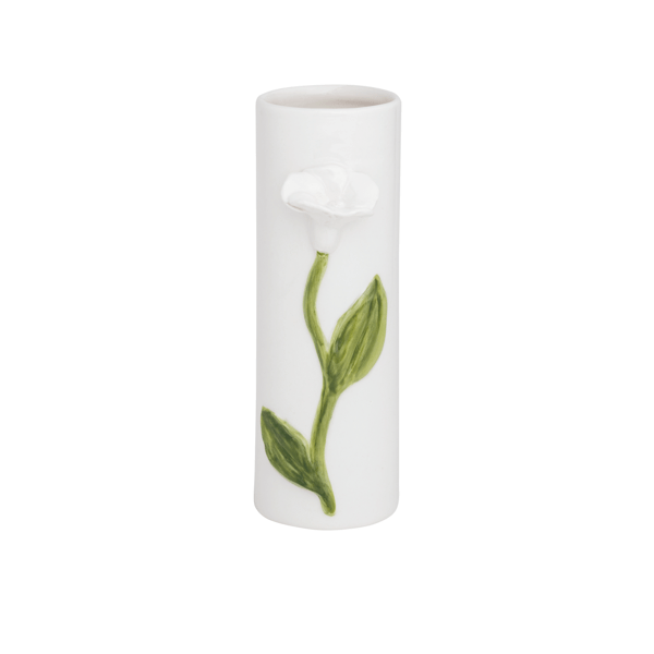 White cylindrical vase with green floral design on a white background