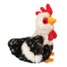 Plush toy rooster with red comb and black and white feathers on a white background