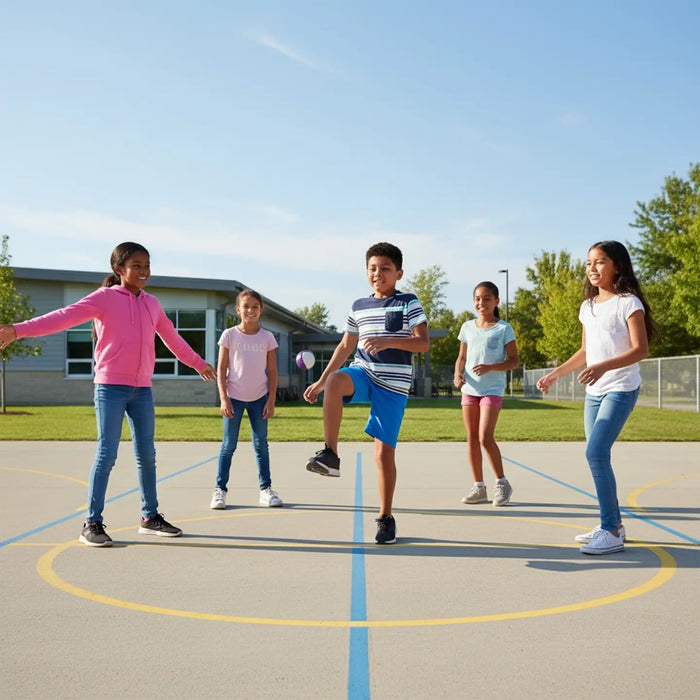 Children playing on a school playground with a clear blue sky.