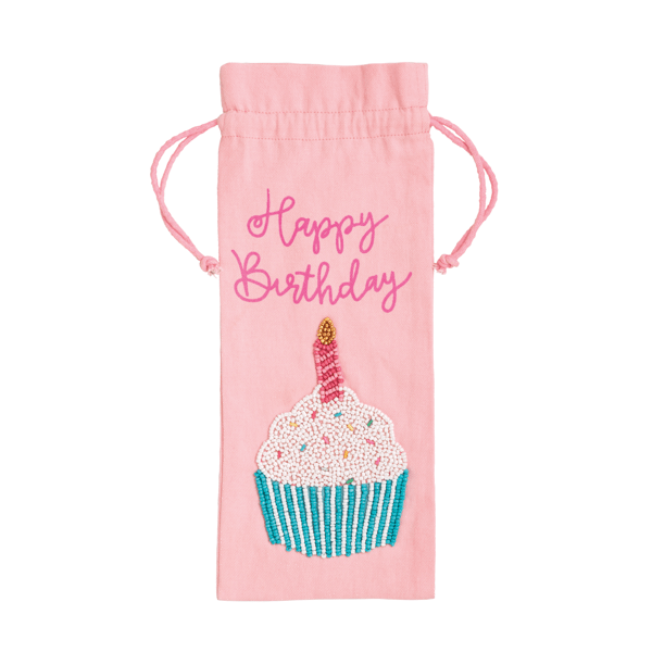 Pink drawstring bag with a cupcake and 'Happy Birthday' text on a white background