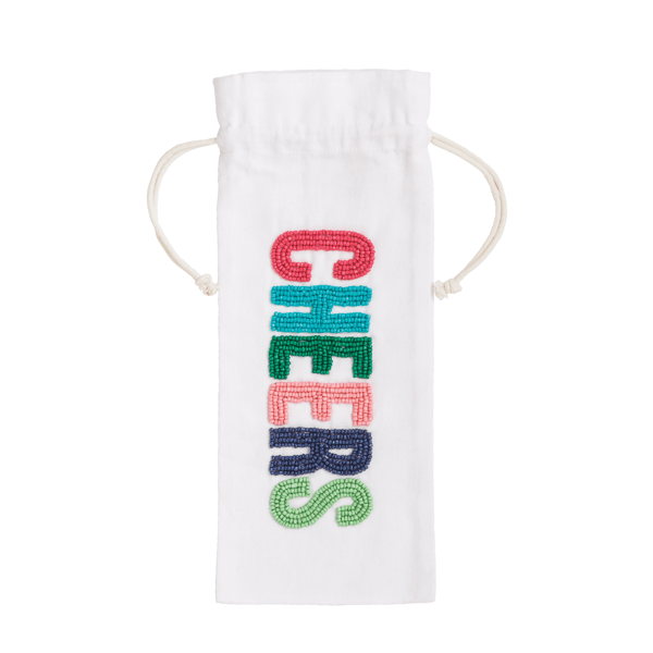 White drawstring bag with 'CHEERS' in colorful beads on a white background