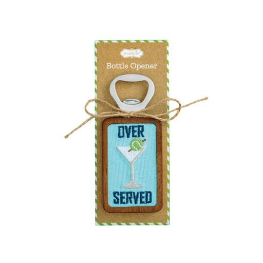 Bottle opener with 'Over Served' text and martini graphic on a cardboard backing.