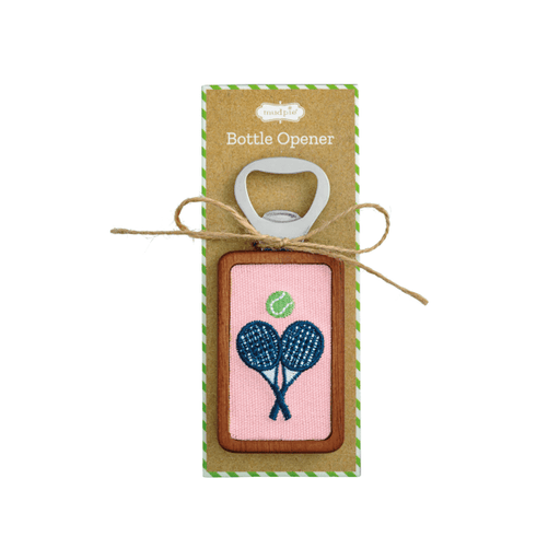 Bottle opener with pink and blue design on a cardboard backing