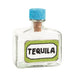 Small glass tequila bottle with a blue cap and decorative label on a white background