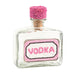 Small glass bottle labeled 'Vodka' with a pink cork on a white background