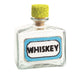 Small glass bottle labeled 'Whiskey' with a yellow cork on a white background