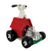 Toy car with a dog figure on top against a white background