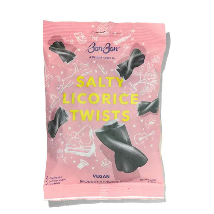 Pink package of Salty Licorice Twists with black licorice on a white background