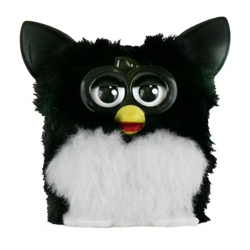 Black and white plush toy with googly eyes and a yellow beak on a white background