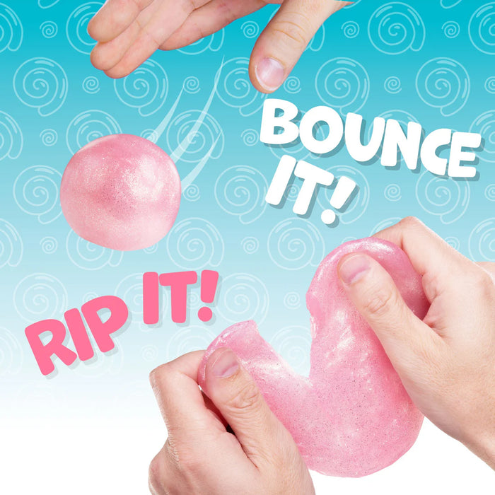 Pink slime being stretched and a pink ball being thrown against a blue background with text.