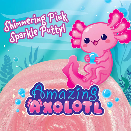 Pink axolotl with 'Amazing Axolotl' text and 'Shimmering Pink Sparkle Putty!' on a blue background