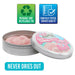 Open tin of pink thinking putty with 'Crazy Aaron's Thinking Putty' branding, featuring recycling and quality assurance icons.