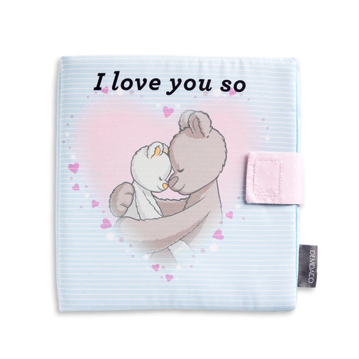 Children's soft book with teddy bear illustration and 'I love you so' text on a white background