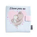 Children's soft book with teddy bear illustration and 'I love you so' text on a white background