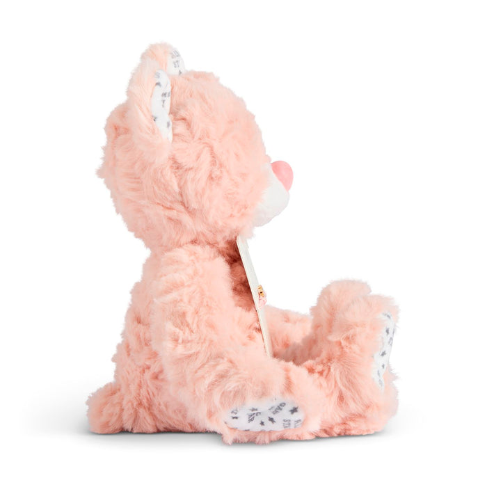 Pink plush toy with a white unicorn horn on a white background