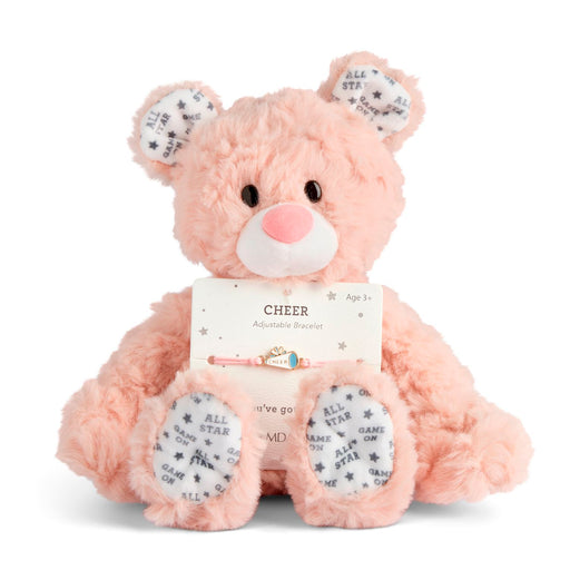 Pink teddy bear holding a card with 'Cheer' on it against a white background