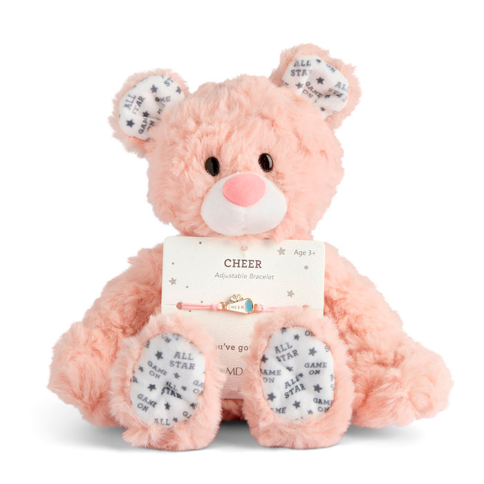 Pink teddy bear holding a card with 'Cheer' on it against a white background