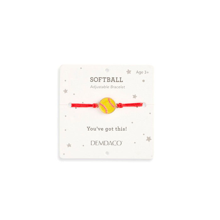 Softball-themed adjustable bracelet on a white card with 'DEMDACO' branding.