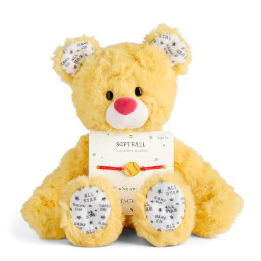 Yellow teddy bear with a softball-themed message card on a white background