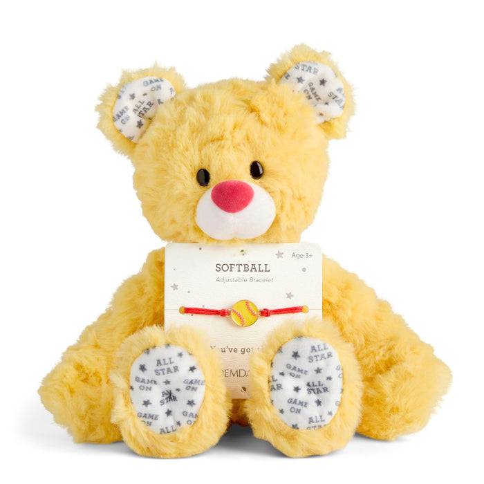 Yellow teddy bear with a softball-themed message card on a white background