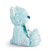 Blue teddy bear holding a white cross with text on a white background