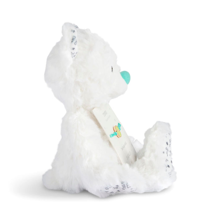 White plush toy with a blue nose on a white background