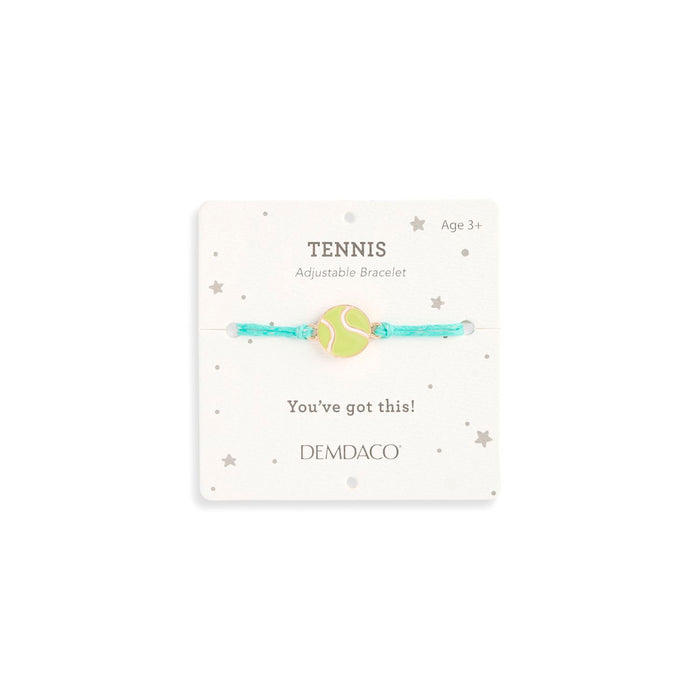 Tennis-themed adjustable bracelet on a white card with 'DEMDACO' branding.