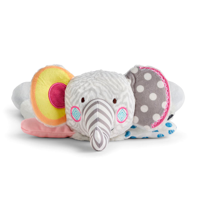 Plush elephant toy with colorful patterns on a white background