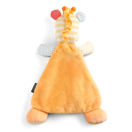 Plush toy with a yellow body and striped pattern on a white background