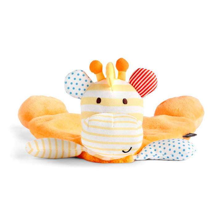 Plush toy shaped like a bee with a striped body on a white background